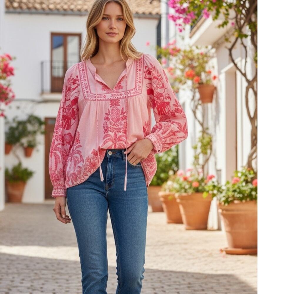 Calypso St Barth Womens Pink Boho Peasant Blouse Size Medium
